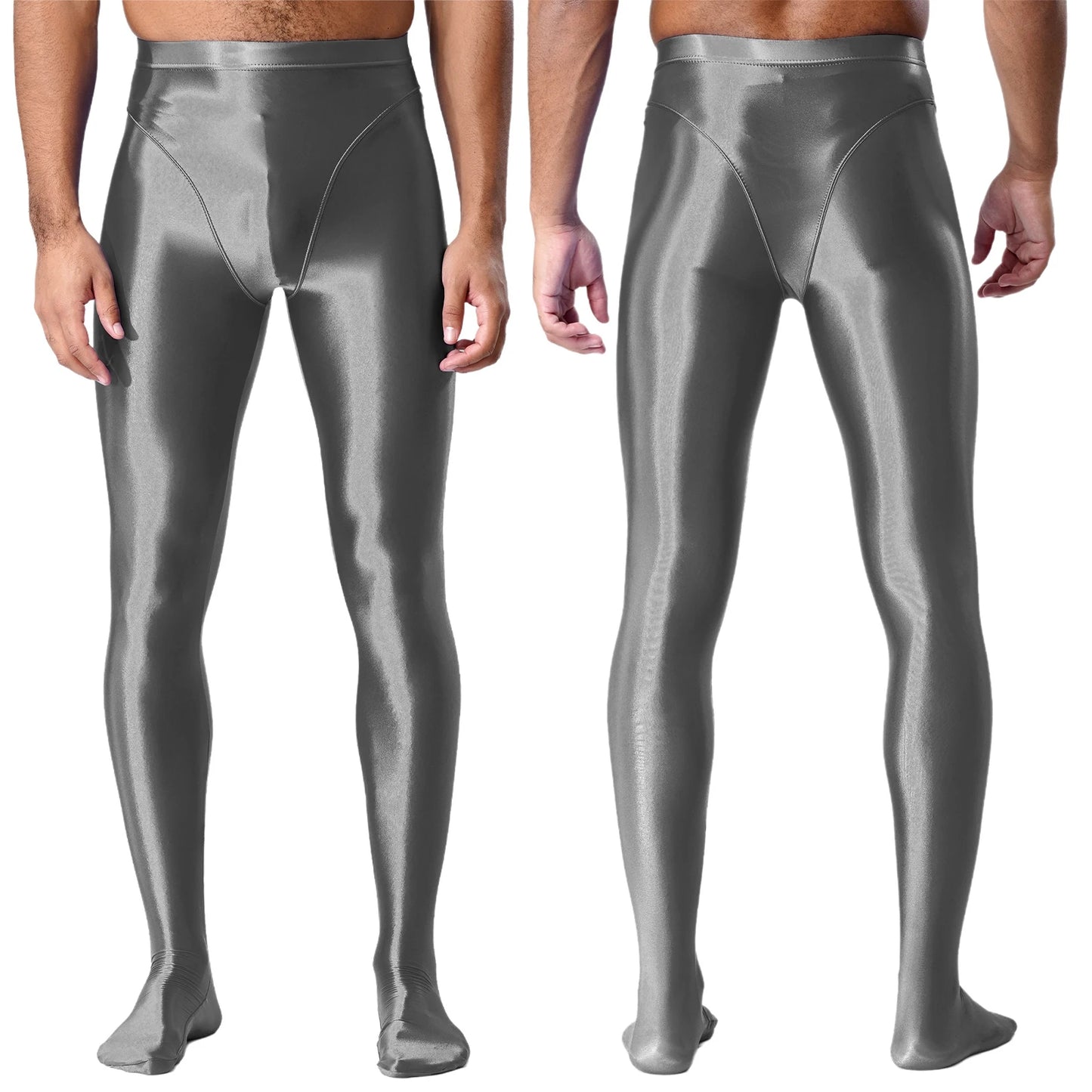 Men Gym Pilates Workout Leggings Glossy Shiny Smooth Elastic Waistband Footed Leggings Tights Slim Fit Sport Exercise Underpants