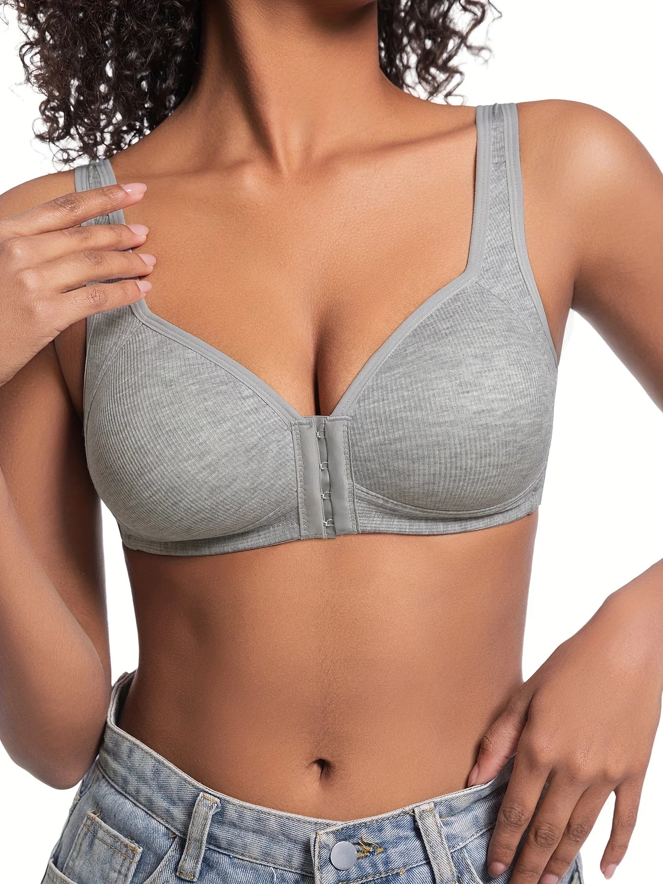 Women's Bra Wire-Free Front Closure Solid Color Full Coverage Fixed Cups More Considerate for Middle-Aged And Elderly Individual
