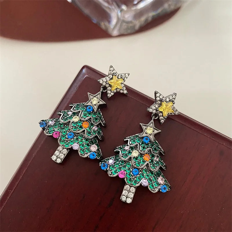 Colourful Zircon Christmas Tree Earrings For Women Sparkling Crystal Snowflake Elk Earring Girls New Year Holiday Jewelry Gifts