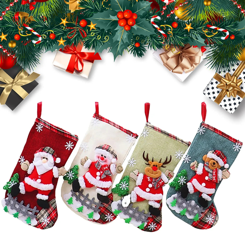 4Pcs Christmas Stockings Set Large Capacity Cute Stockings Bag Plush Santa Claus/Snowman/Bear/Elk for Home Classroom Party
