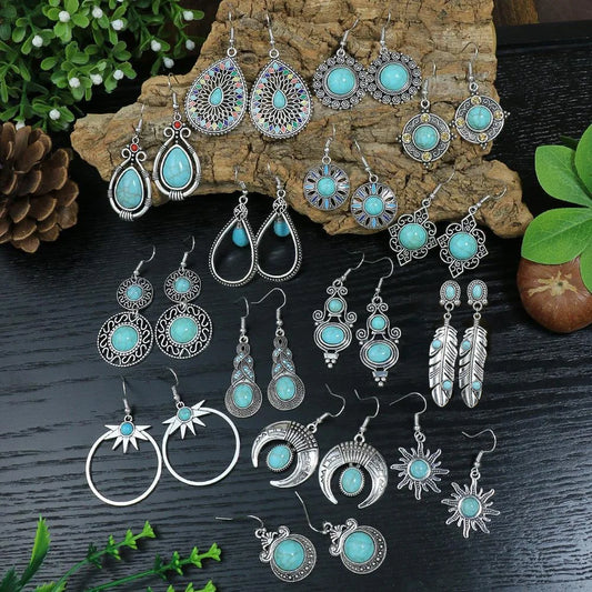 Vintage Ethnic Blue Acrylic Bead Geometric Dangle Earrings for Women Boho Vacation Style Silver Color Metal Earrings Jewelry