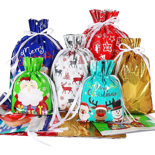 Holiday Drawstring Gift Bags 30pcs Christmas Foil Gift Wrapping Sacks Pouches for Xmas Presents Party Favor in Large Medium Sma