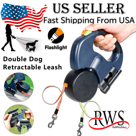 Dual Pet Leash Retractable Reflective Lead 360 Swivel Double Dog Walking Leash