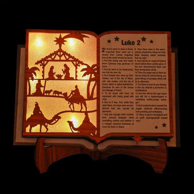 Christmas Nativity Scene Figurine Wood Stand Book Bible With LED Light Wooden Home Creative Art Craft Festive Atmosphere Decorat