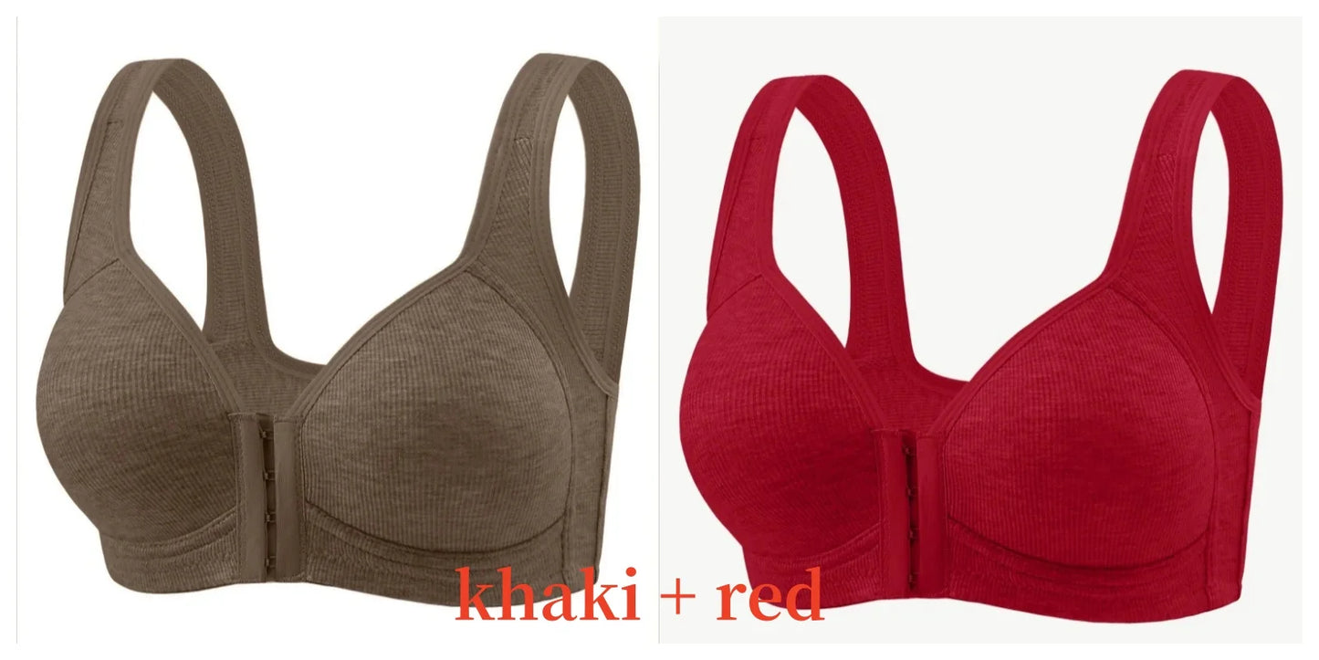 Women's Bra Wire-Free Front Closure Solid Color Full Coverage Fixed Cups More Considerate for Middle-Aged And Elderly Individual