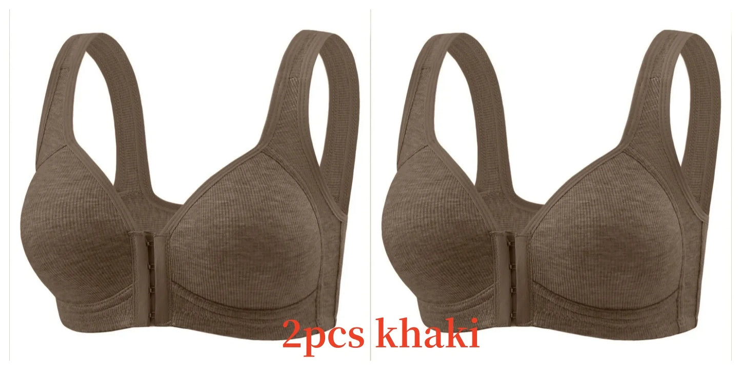 Women's Bra Wire-Free Front Closure Solid Color Full Coverage Fixed Cups More Considerate for Middle-Aged And Elderly Individual