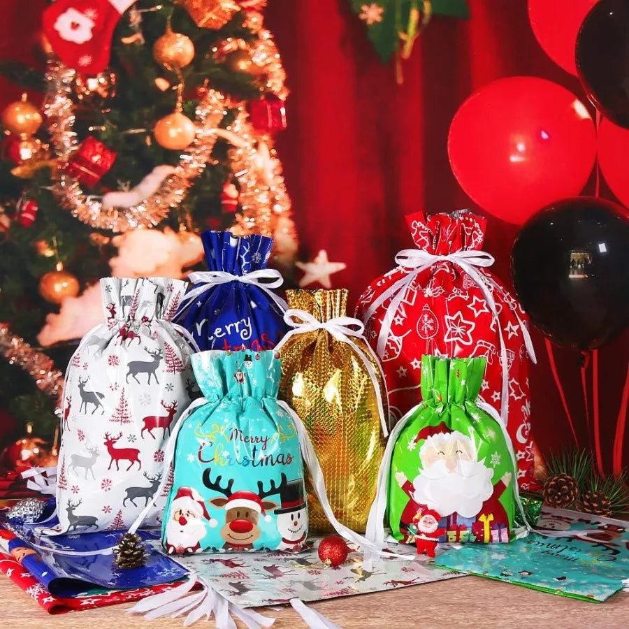 Holiday Drawstring Gift Bags 30pcs Christmas Foil Gift Wrapping Sacks Pouches for Xmas Presents Party Favor in Large Medium Sma