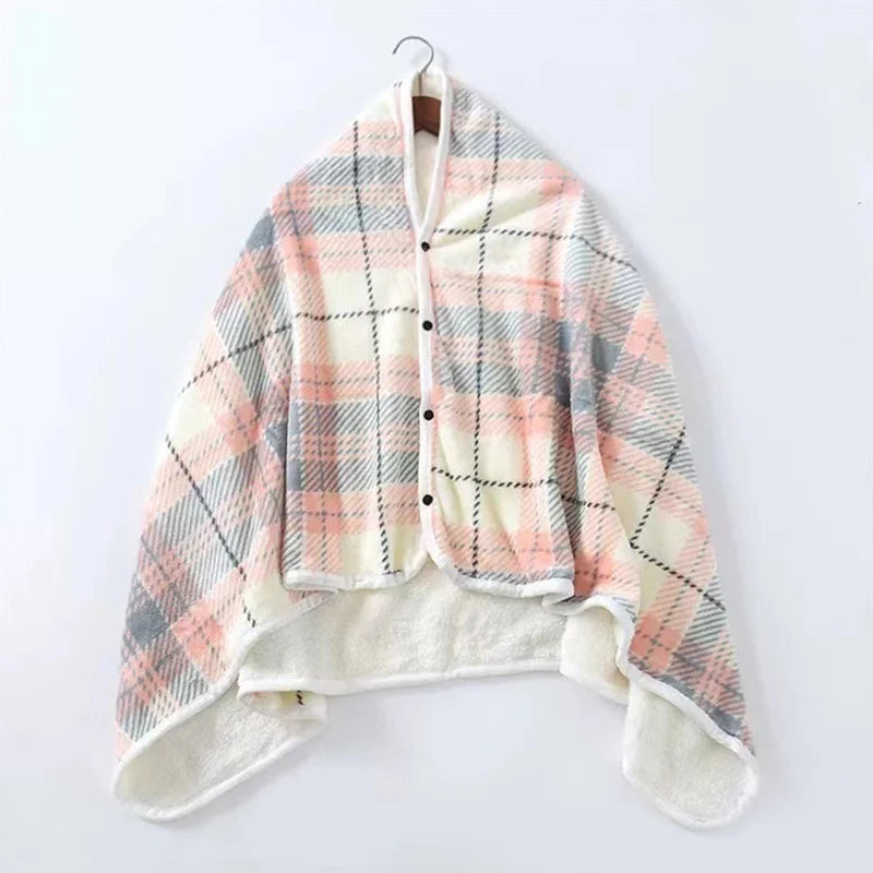 Wearable Plaid Fleece Blanket With Button Winte Warm Throws On Sofa Bed Travel Thicken Bedroom Office Air Conditioning Blanket